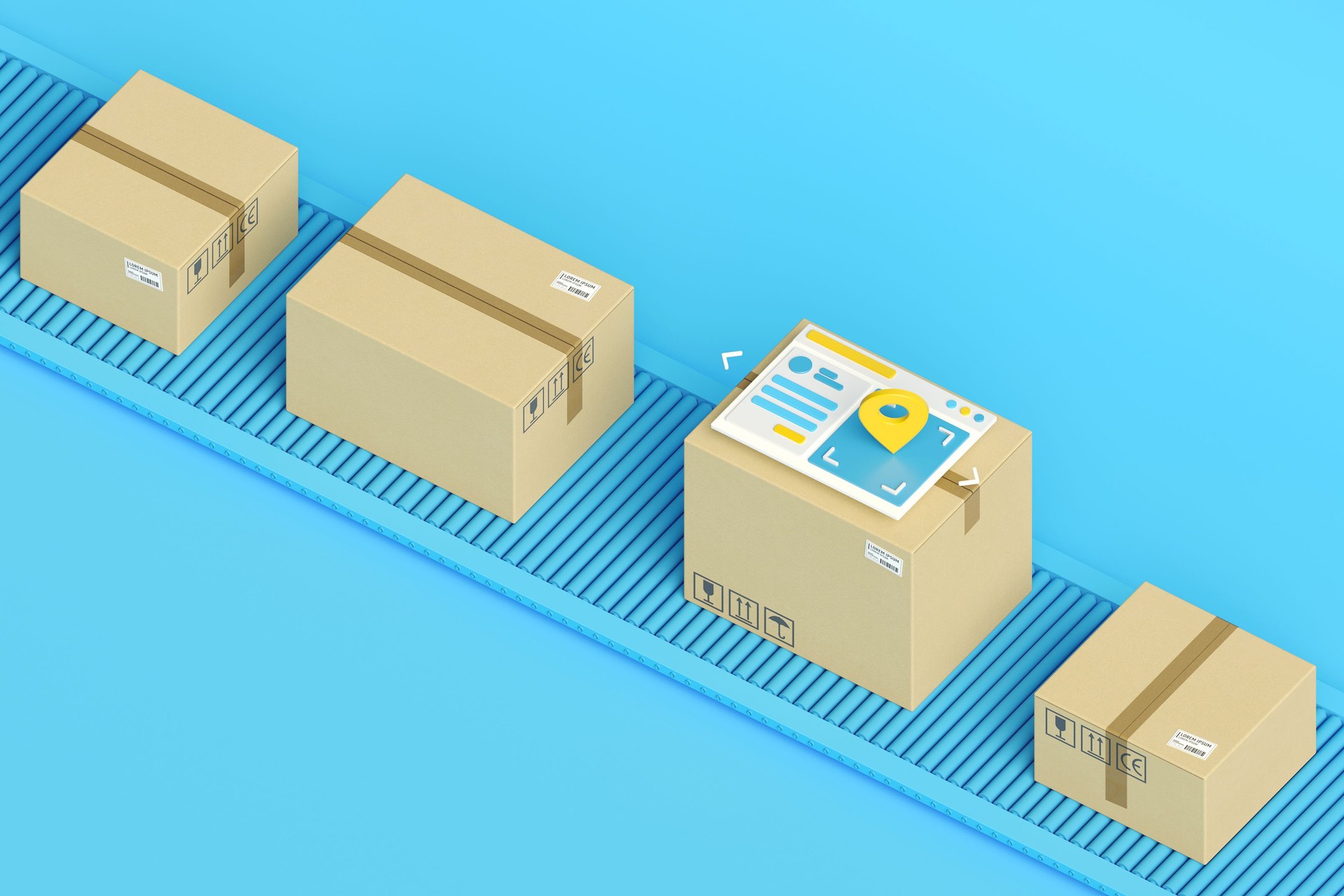 Cardboard boxes on conveyor belt in isometric view. Logistics, delivery and online order tracking concept.