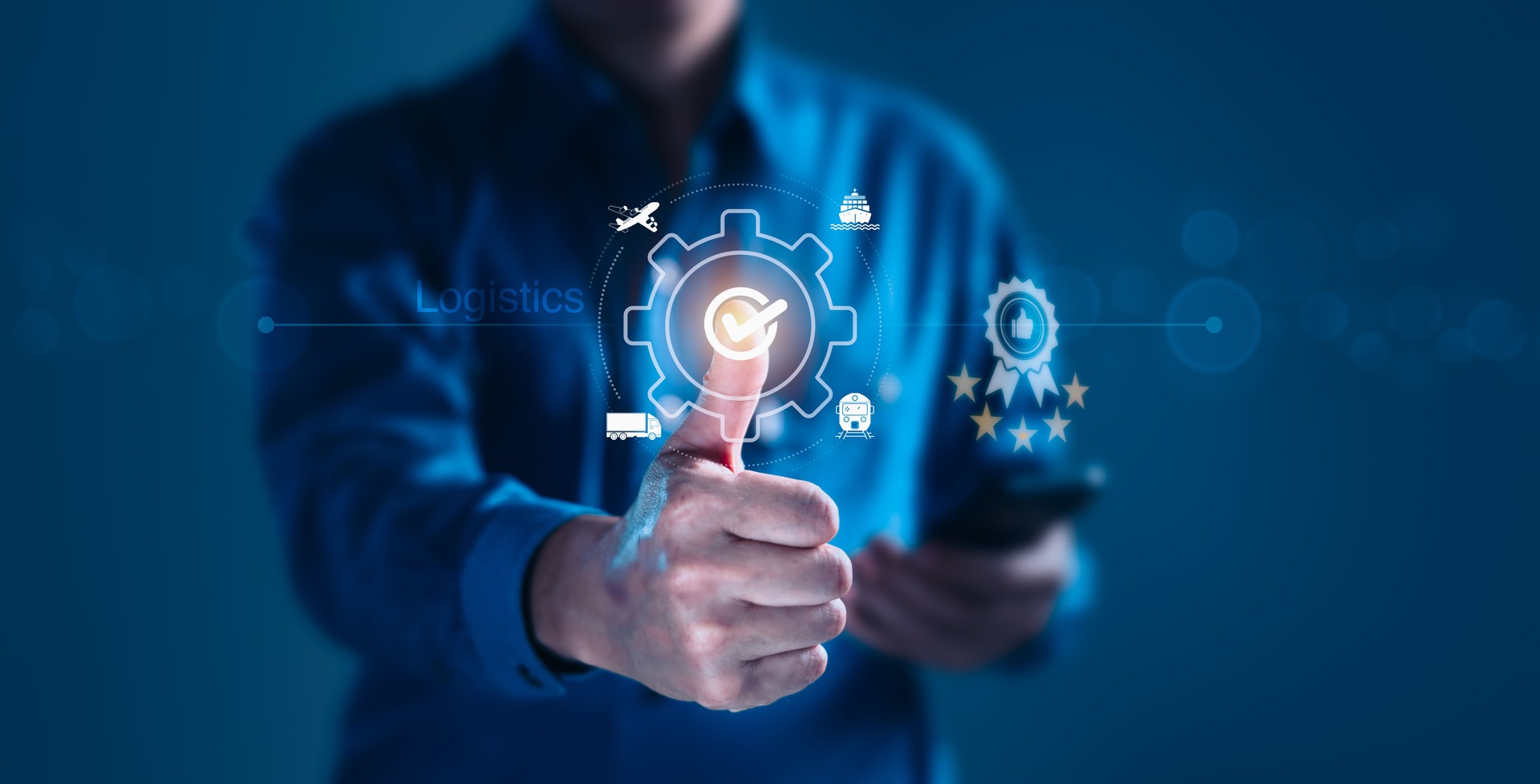 Businessman Thumbs Up for Virtual Supply Chain System with Modern Technology