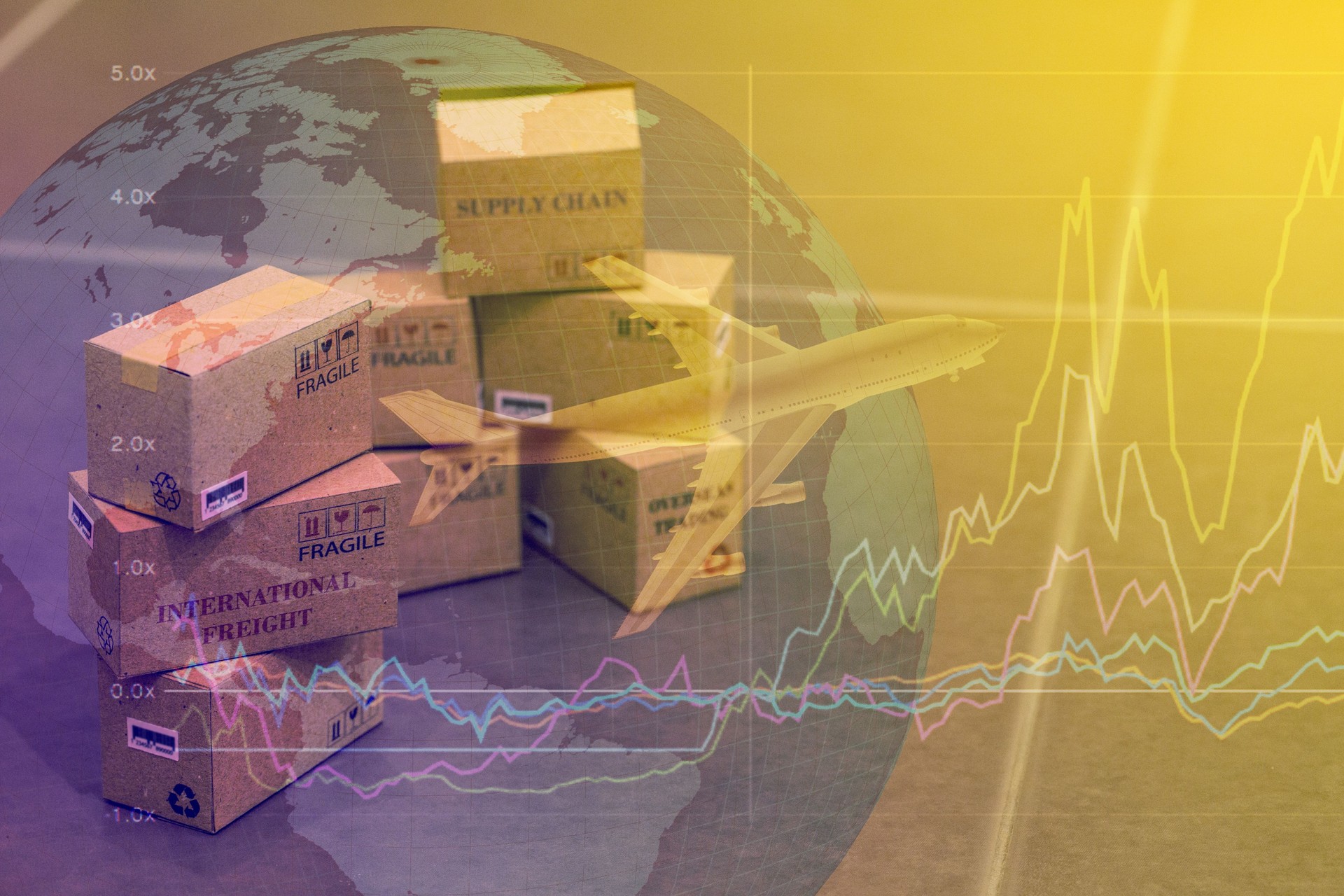 Mini cardboard boxes with a plane flies above world map. For several purposes or ideas about transportation, international freight, global shipping, overseas trade, regional / local forwarding.